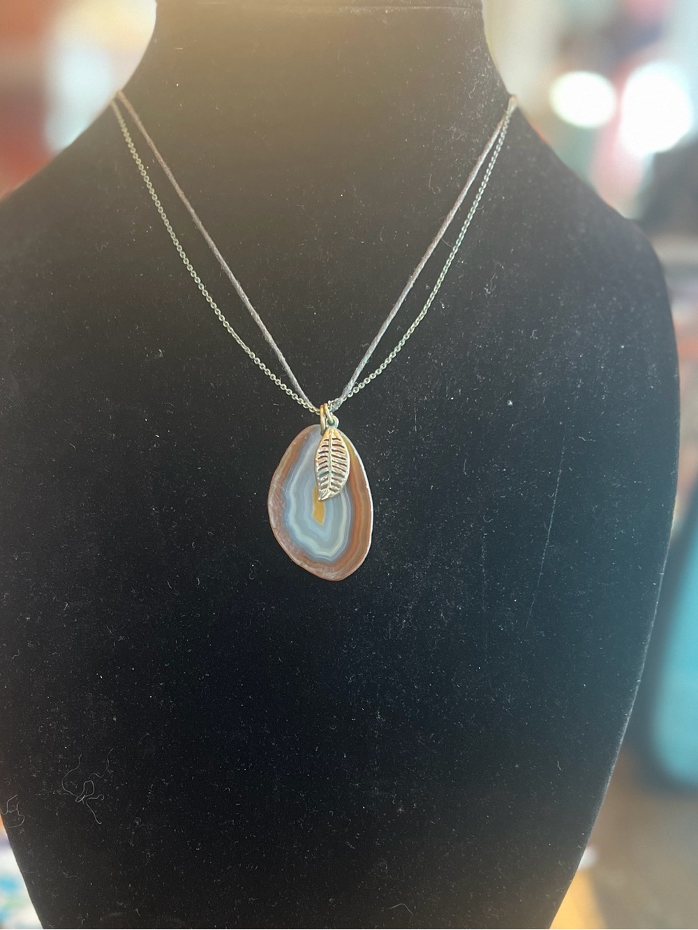 Layered Faux Agate Slice Necklace with Gold Leaf Charm -